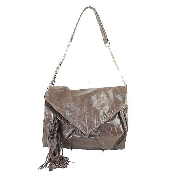 Hype Sz 13 x 10 x 6 Taupe Flap Tassel Goldtone Chain Shoulder Purse 6620Q - Picture 1 of 10